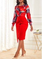 Floral Print Decorative Button Wine Red Dress