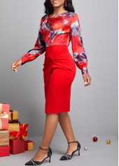 Floral Print Decorative Button Wine Red Dress