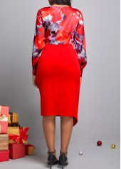 Floral Print Decorative Button Wine Red Dress