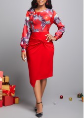 Floral Print Decorative Button Wine Red Dress