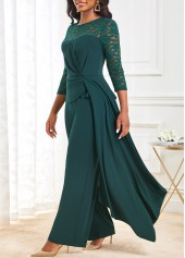 Lace Stitching 3/4 Sleeve Blackish Green Jumpsuit