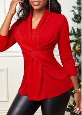 Twist Front 3/4 Sleeve Red T Shirt