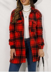 Plaid Button Red Turn Down Collar Coat