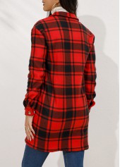 Plaid Button Red Turn Down Collar Coat