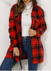 Plaid Button Red Turn Down Collar Coat