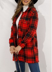 Plaid Button Red Turn Down Collar Coat