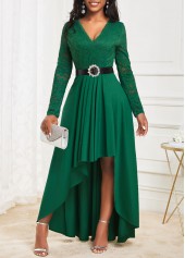 Green High Low V Neck Lace Dress