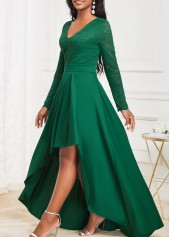Green High Low V Neck Lace Dress