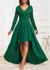 Green High Low V Neck Lace Dress