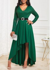 Green High Low V Neck Lace Dress