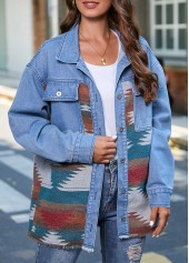 Tribal Print Grommet Denim Blue Shirt Collar Jacket