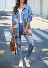 Tribal Print Grommet Denim Blue Shirt Collar Jacket