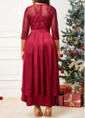 Asymmetric Hem Lace Stitching Wine Red Dress