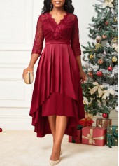Asymmetric Hem Lace Stitching Wine Red Dress
