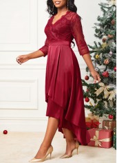 Asymmetric Hem Lace Stitching Wine Red Dress