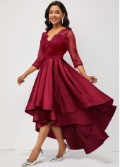 Asymmetric Hem Lace Stitching Wine Red Dress