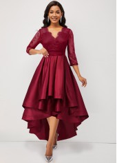 Asymmetric Hem Lace Stitching Wine Red Dress