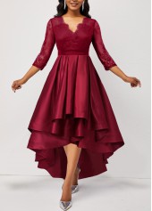 Asymmetric Hem Lace Stitching Wine Red Dress