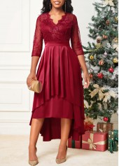 Asymmetric Hem Lace Stitching Wine Red Dress