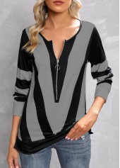 Contrast Color Zipper Grey Split Neck T Shirt