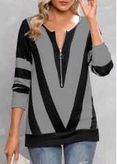 Contrast Color Zipper Grey Split Neck T Shirt