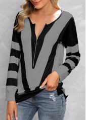 Contrast Color Zipper Grey Split Neck T Shirt