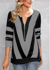 Contrast Color Zipper Grey Split Neck T Shirt