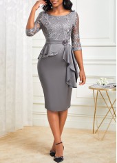 Lace Stitching Grey Peplum Waist Flounce Dress