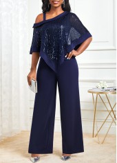 Sequin Navy Cold Shoulder Asymmetric Hem Jumpsuit