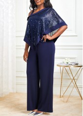 Sequin Navy Cold Shoulder Asymmetric Hem Jumpsuit