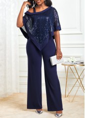 Sequin Navy Cold Shoulder Asymmetric Hem Jumpsuit