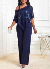 Sequin Navy Cold Shoulder Asymmetric Hem Jumpsuit