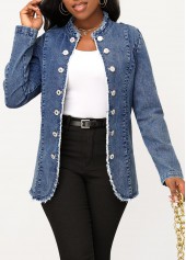 Denim Blue Button Stand Collar Long Sleeve Jacket