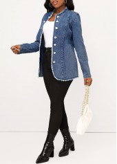 Denim Blue Button Stand Collar Long Sleeve Jacket
