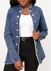Denim Blue Button Stand Collar Long Sleeve Jacket