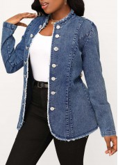Denim Blue Button Stand Collar Long Sleeve Jacket
