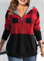 Plus Size Tartan Print Zipper Red Drop Sleeve Hoodie