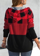 Plus Size Tartan Print Zipper Red Drop Sleeve Hoodie