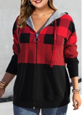 Plus Size Tartan Print Zipper Red Drop Sleeve Hoodie