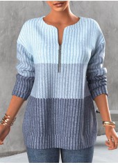 Contrast Zipper Light Blue Round Neck Sweatshirt