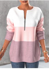 Plus Size Contrast Zipper Light Pink Round Neck Sweatshirt