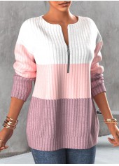 Plus Size Contrast Zipper Light Pink Round Neck Sweatshirt