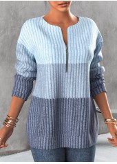 Plus Size Contrast Zipper Light Blue Round Neck Sweatshirt