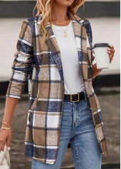 Plaid Pocket Dark Camel Lapel Long Sleeve Coat