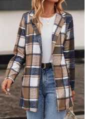 Plaid Pocket Dark Camel Lapel Long Sleeve Coat
