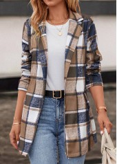 Plaid Pocket Dark Camel Lapel Long Sleeve Coat
