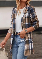 Plaid Pocket Dark Camel Lapel Long Sleeve Coat