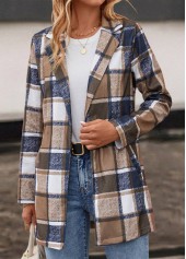 Plaid Pocket Dark Camel Lapel Long Sleeve Coat