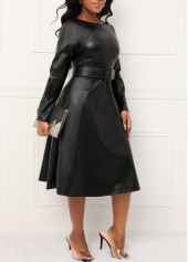 Faux Leather Belted Black Boat Neck Dress