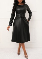 Faux Leather Belted Black Boat Neck Dress